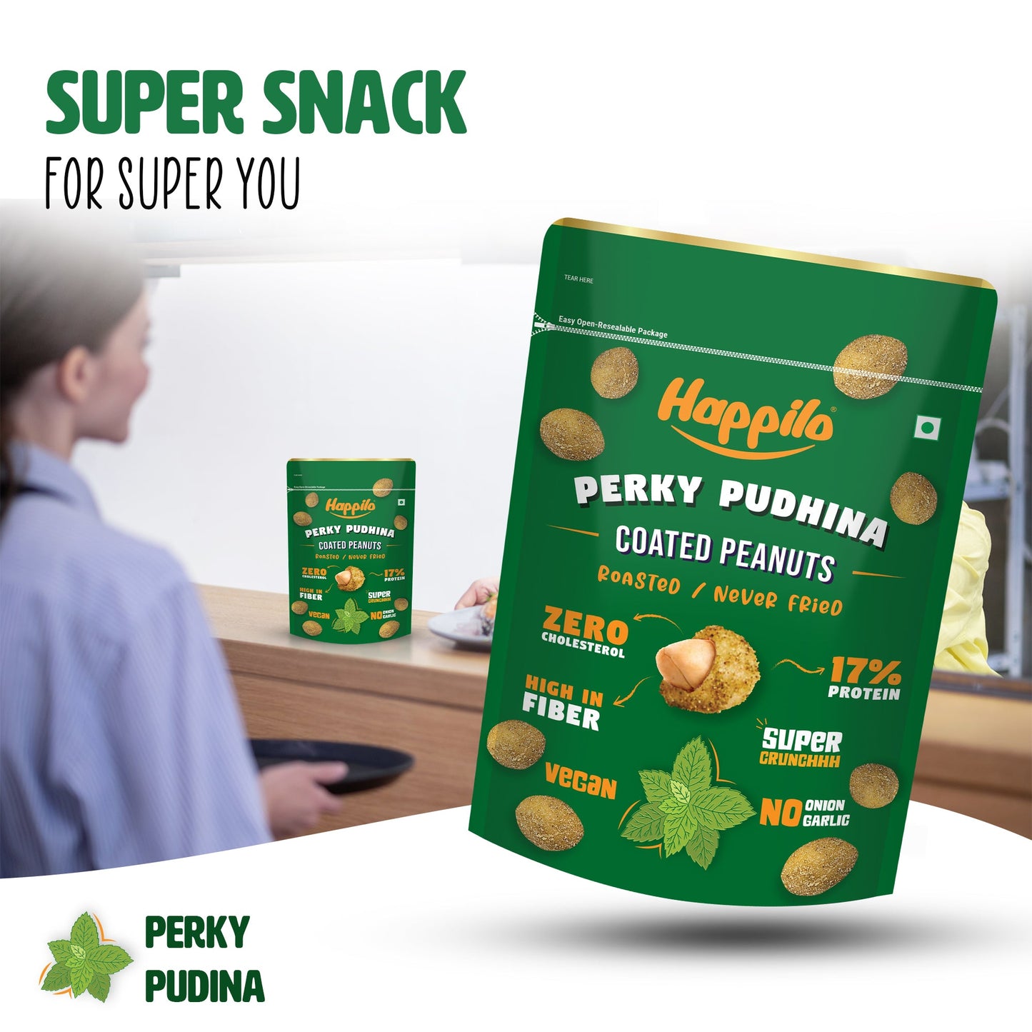 Happilo Premium Super Snack Perky Pudhina Peanut 150g Crunchy and Nutty High in Protein and Dietary Fibre