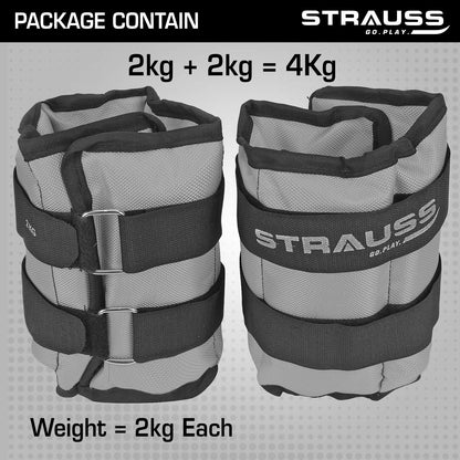 Strauss Adjustable Ankle/Wrist Weights 2KG x 2, ideal for walking, running, jogging, cycling, gym workout, strength training. Easy to use.