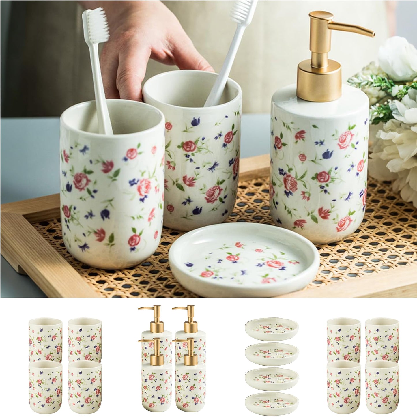 The Better Home Ceramic 4 Pc Bathroom Set: Soap Dispenser, Toothbrush Holder, Soap Holder, Tumbler, White.