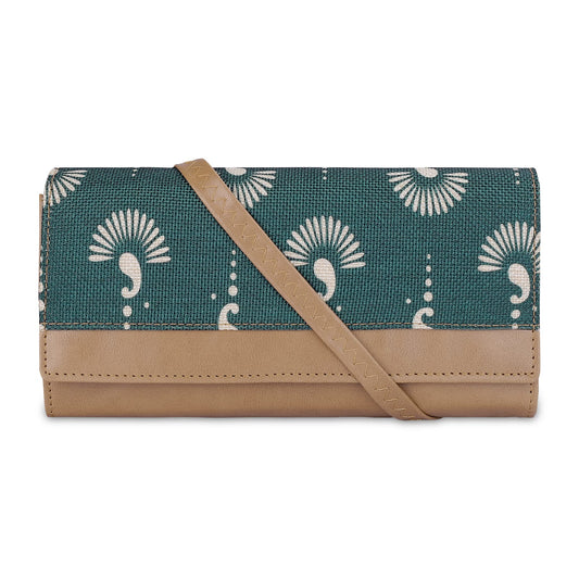 THE CLOWNFISH Erika Printed Handicraft Fabric  Vegan Leather Ladies Wallet Purse Sling Bag with Multiple Card Slots  Shoulder Belt Bottle Green