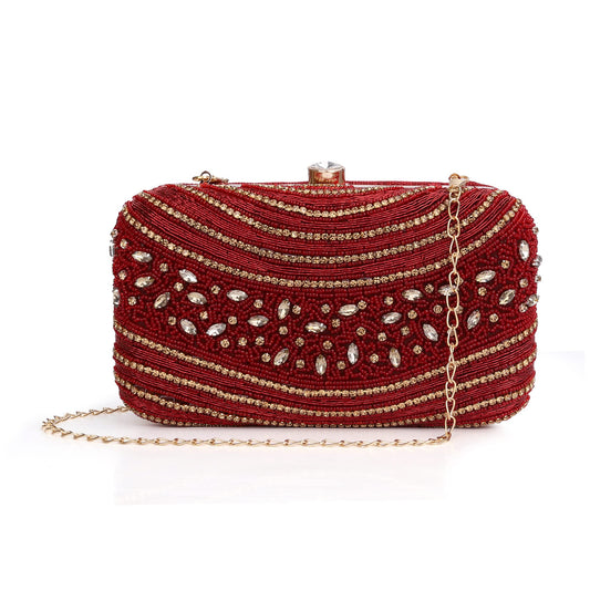 The Clownfish Emerald Collection Womens Party Clutch Ladies Wallet Evening Bag with Fashionable Round Corners Beads Work Floral Design Maroon
