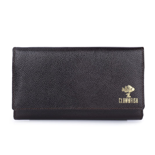 THE CLOWNFISH Elsa Collection Genuine Leather Tri-Fold Womens Wallet Clutch Ladies Purse with Multiple Card Slots  ID Card Windows Dark Brown