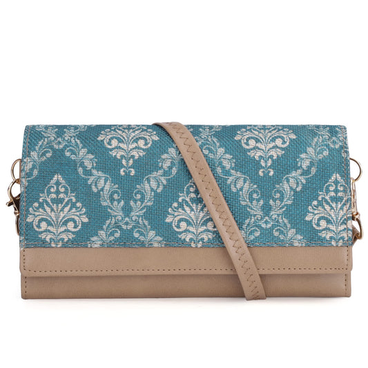 THE CLOWNFISH Erika Printed Handicraft Fabric  Vegan Leather Ladies Wallet Purse Sling Bag with Multiple Card Slots  Shoulder Belt Blue