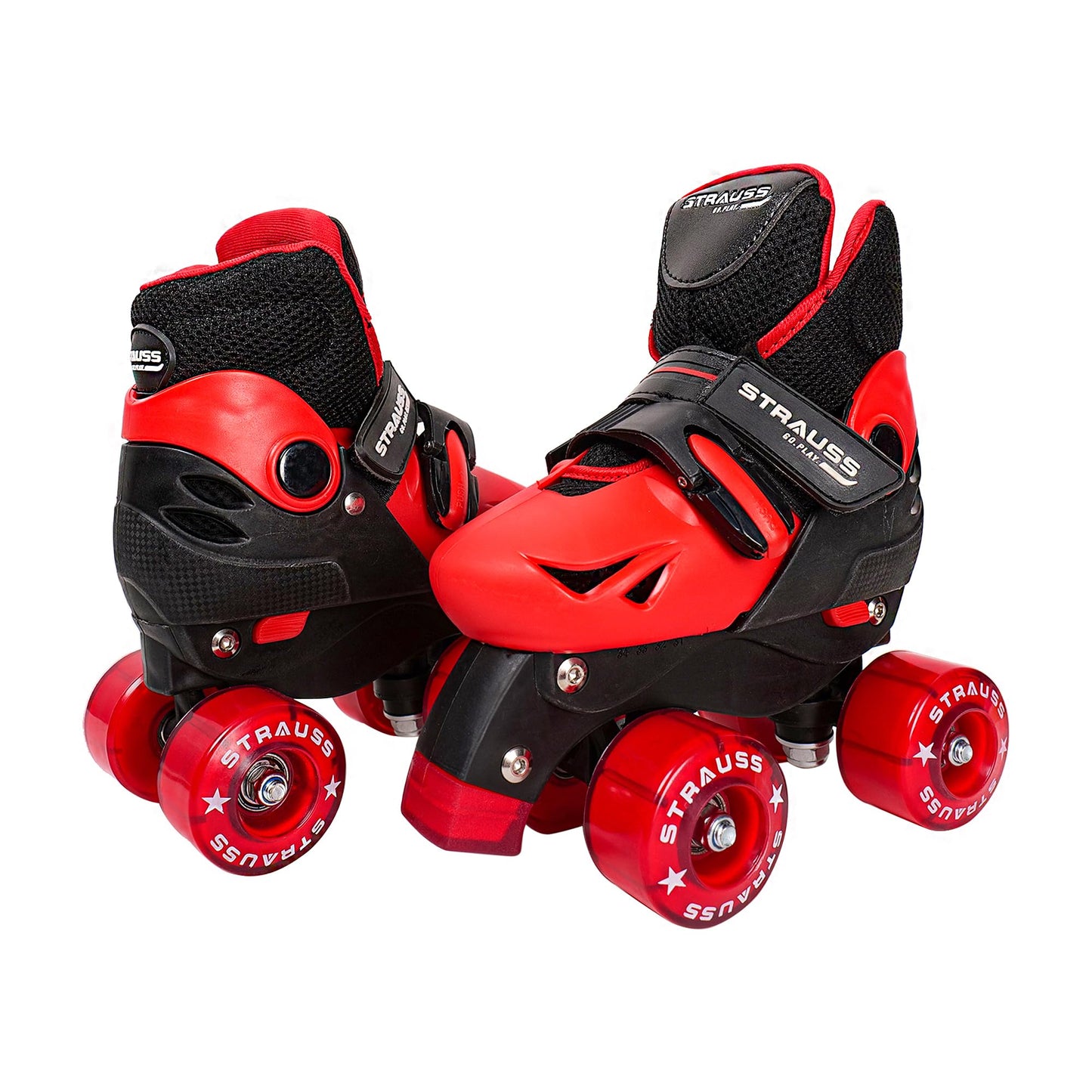 STRAUSS Gatiman Adjustable Roller Skates with Break, 4 Wheels, Size Senior, Black/Red, Ideal for Boys and Girls