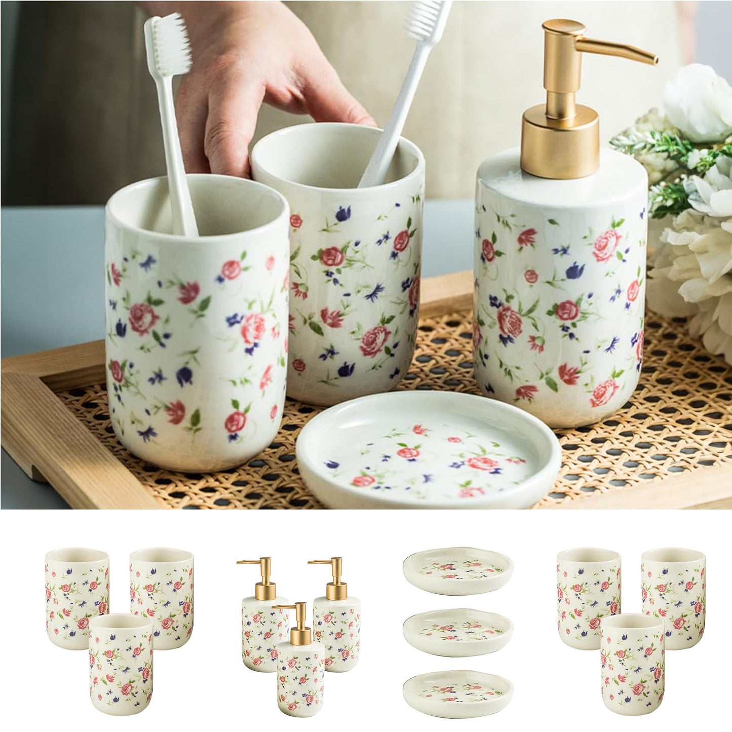 The Better Home Ceramic Bathroom Accessories Set: Liquid Soap Dispenser, Toothbrush Holder, Soap Holder, Bathroom Organizer - White Floral.