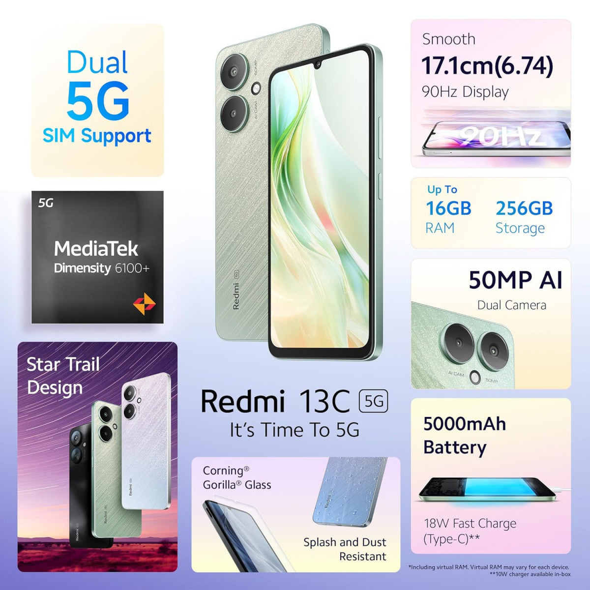 Redmi 13C 5G Startrail Green6GB RAM 128GB Storage  MediaTek Dimensity 6100 5G  90Hz Display