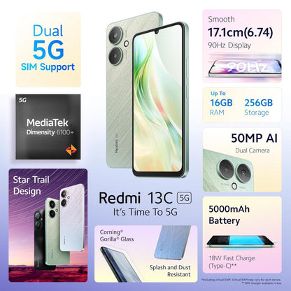 Redmi 13C 5G Startrail Green 8GB RAM 256GB Storage  MediaTek Dimensity 6100 5G  90Hz Display