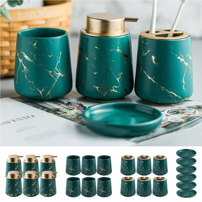 USHA SHRIRAM 4pcs Ceramic Bathroom Set: Soap Dispenser, Soap Holder, Toothbrush Holder, Tumbler, Handwash Dispenser, Soap Case, Green.