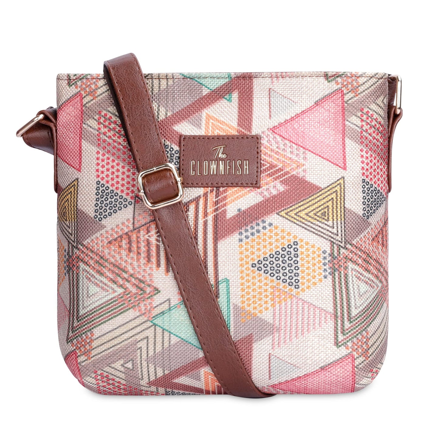 THE CLOWNFISH Aahna Printed Handicraft Fabric Crossbody Sling bag for Women Casual Party Bag Purse with Adjustable Shoulder Strap for Ladies College Girls Multicolour-Triangle Design