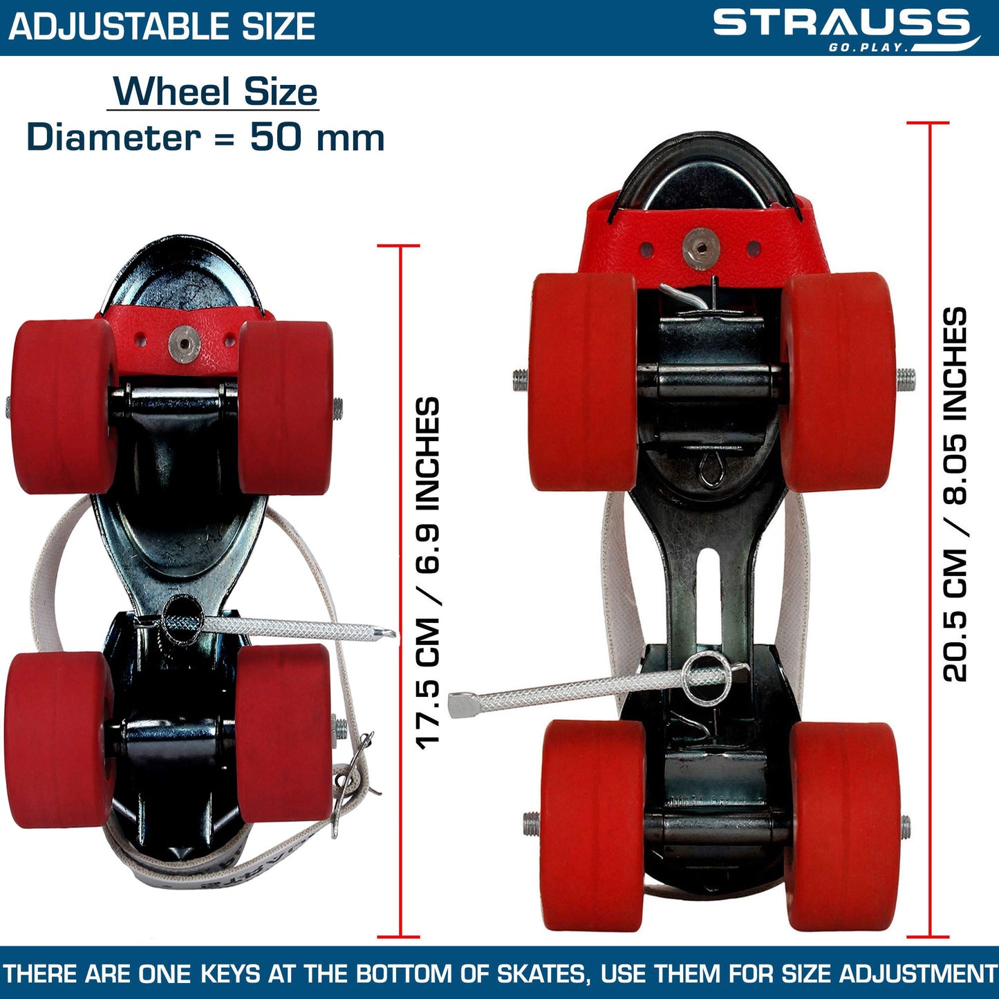 STRAUSS Tenacity Roller Skates for Kids, Adjustable Size, 4 Wheels, Indoor/Outdoor, Ages 6-8, Black