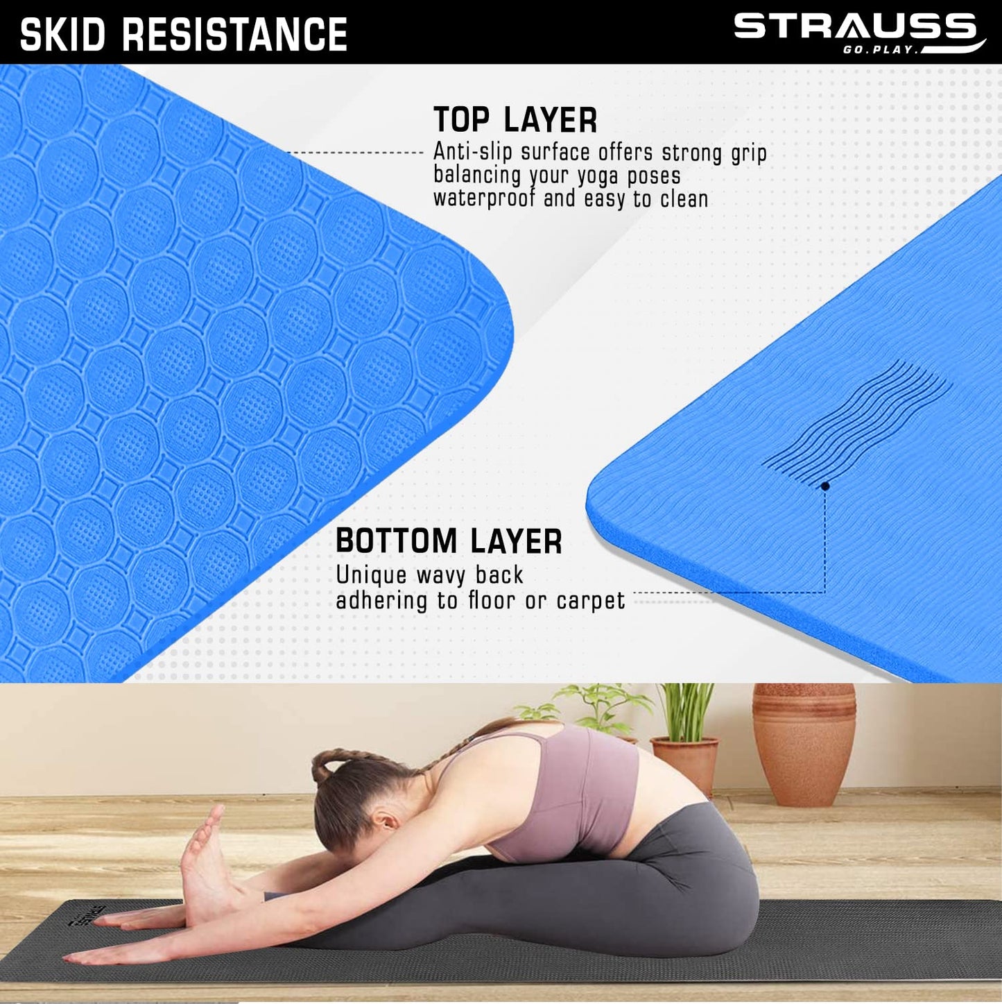 Strauss TPE Yoga Mat, 4MM, Anti-Slip, Sky Blue, with Carry Strap. Ideal for Home Workout, Gym, Yoga for Men, Women, and Kids.