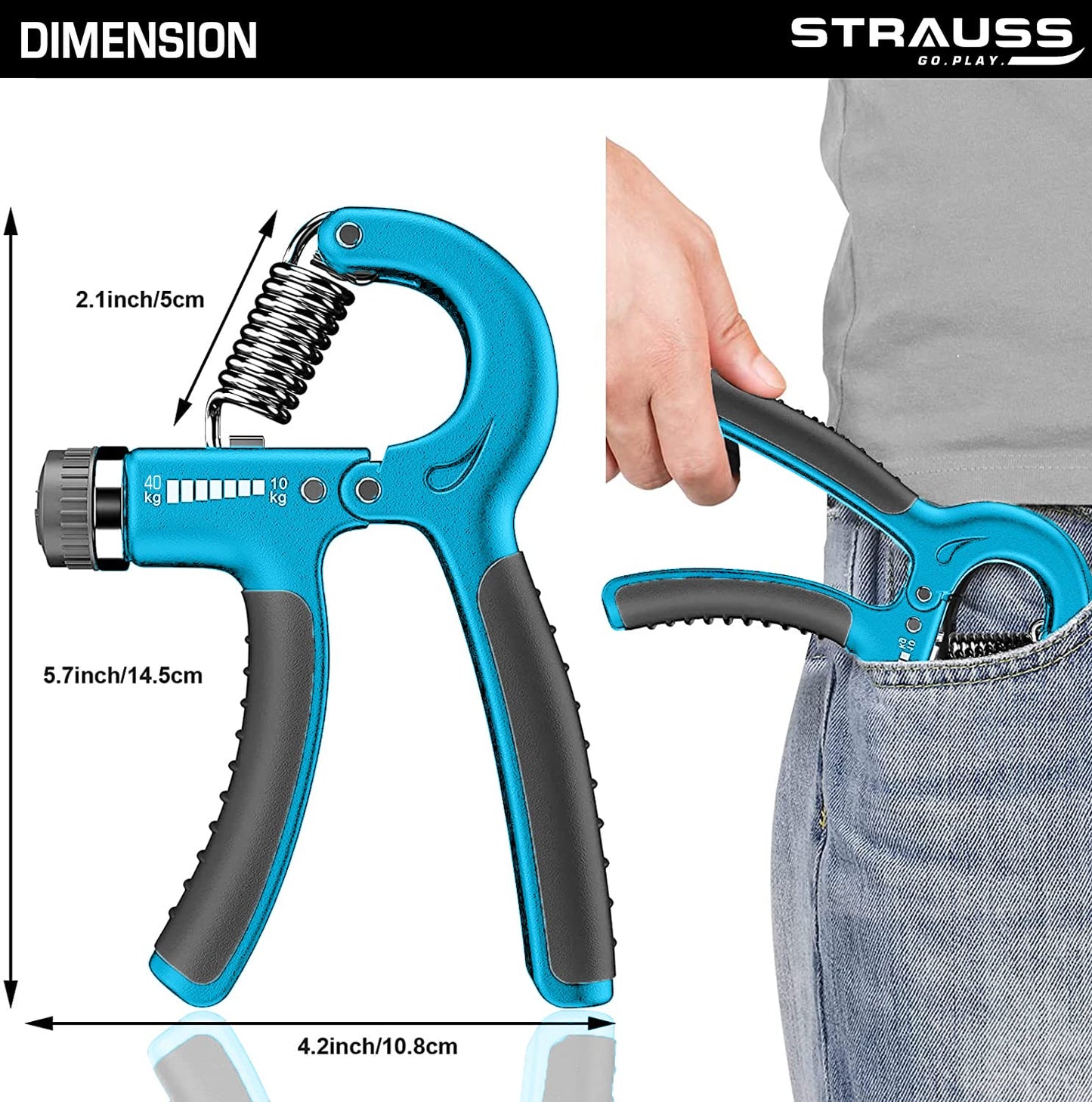 Strauss Adjustable Hand Grip 10KG-40KG for Home Gym Workouts, Perfect for Finger, Forearm, Hand Exercises, Strength Building for Men & Women.