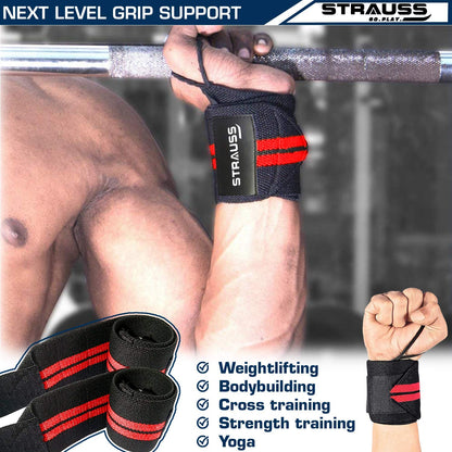 STRAUSS WL Cotton Wrist Supporter with Thumb Loop, Adjustable, Breathable, Powerful Velcro, Soft Material, Black/Red for Gym Workouts & Strength Training.