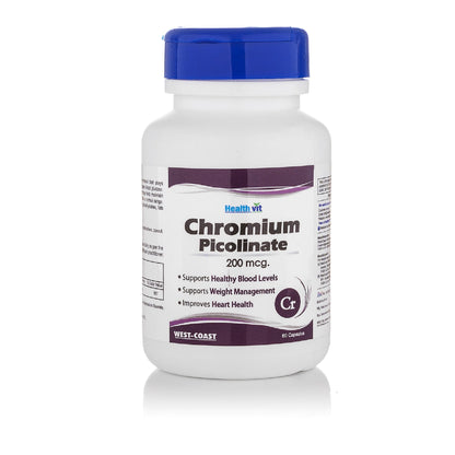 Healthvit Chromium Picolinate 200mcg: Supports metabolism, blood sugar, heart health, weight management. Vegan, Non-GMO, 60 capsules.