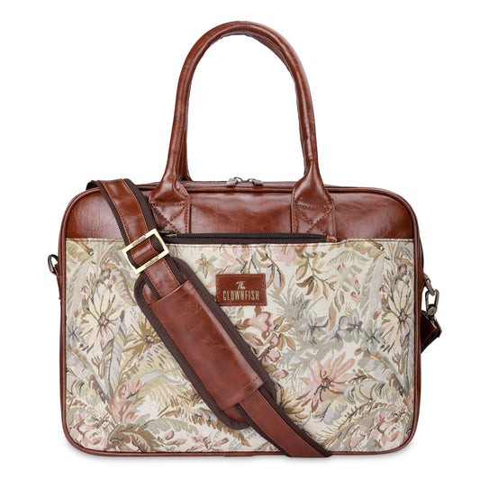 THE CLOWNFISH Deborah series 15.6 inch Laptop Bag For Women Tapestry Fabric  Faux Leather Office Bag Briefcase Messenger Sling Handbag Business Bag Beige