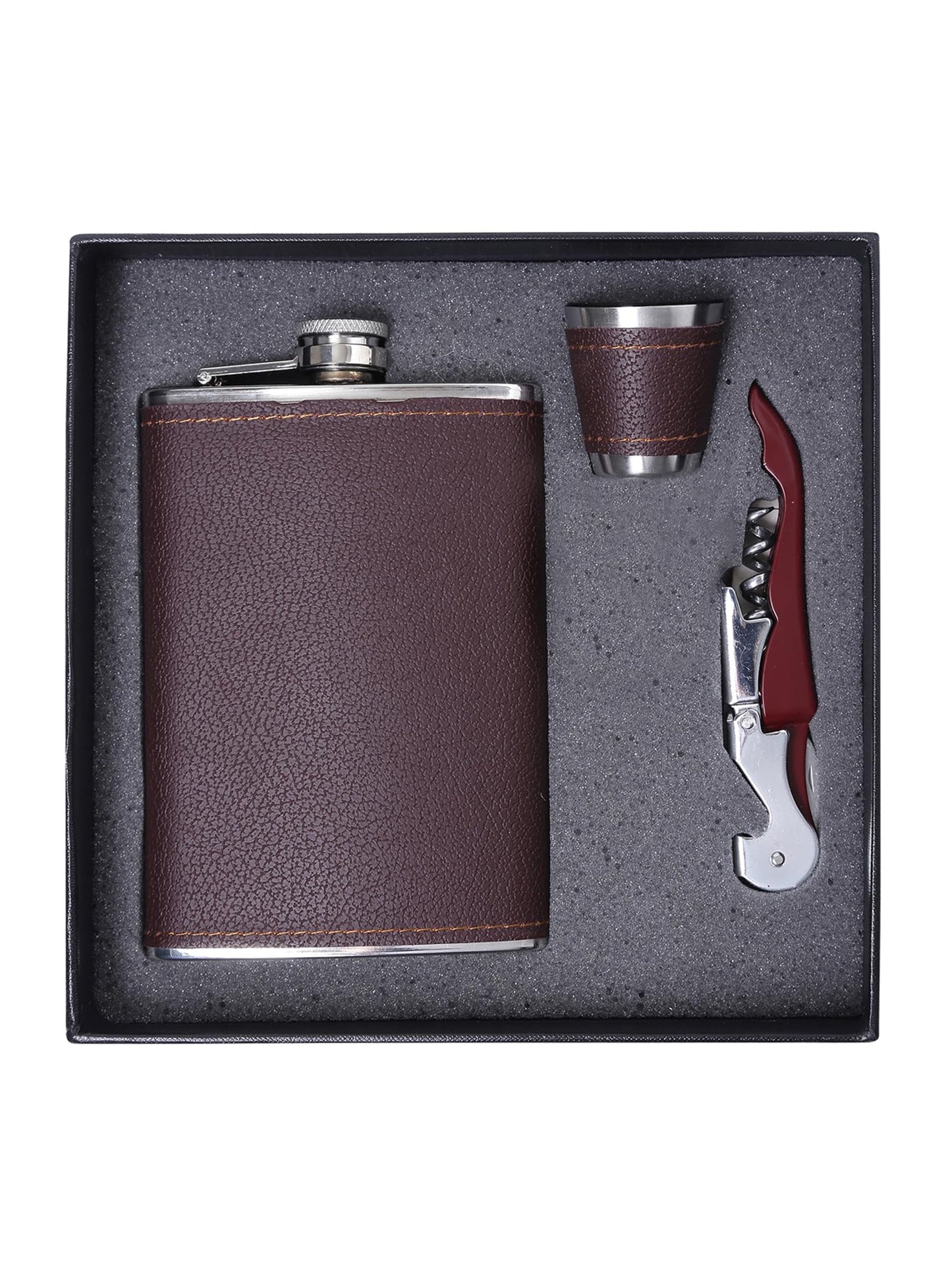 Yellow Chimes Exquisite Men Gifiting Set Hip Flask Gift Set Cork Opener with Brown Leather CoverHip Flask for Liquor for Men in a Gift Box