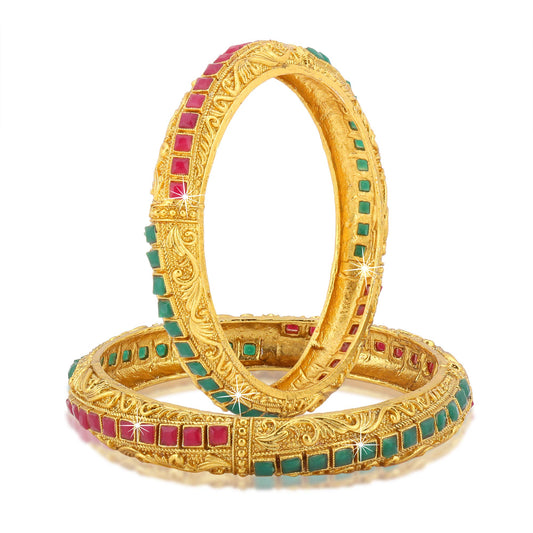 Yellow Chimes Classic Design Studded Stones 2 PCs Traditional Gold Plated Bracelet Bangles Set for Women and Girls 2.6