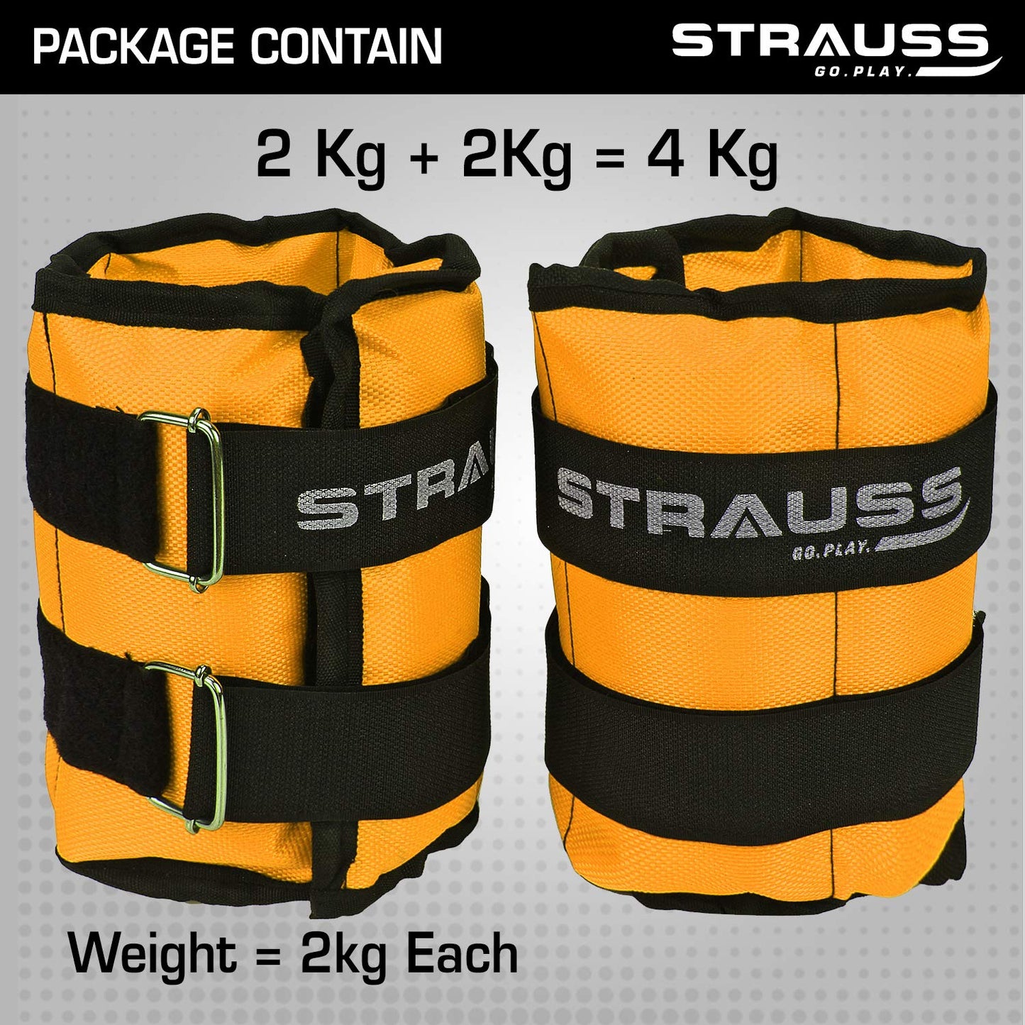 Strauss Adjustable Ankle/Wrist Weights 2KG each, ideal for walking, running, jogging, cycling, gym workout, strength training. Easy to use. Yellow.