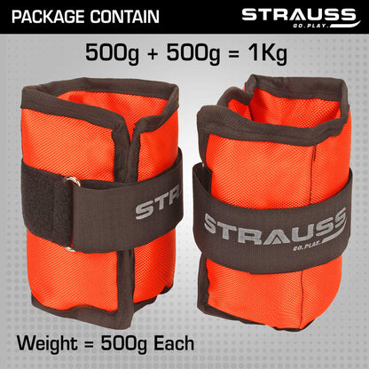 Strauss Adjustable Ankle/Wrist Weights 0.5 KG x 2, ideal for walking, running, jogging, cycling, gym, strength training. Easy to use. Orange.