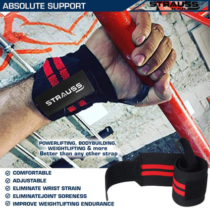 STRAUSS WL Cotton Wrist Supporter with Thumb Loop, Adjustable, Breathable, Powerful Velcro, Soft Material, Black/Red for Gym Workouts & Strength Training.