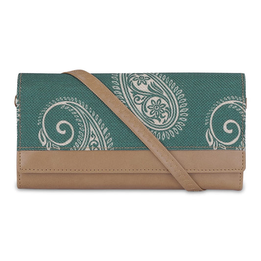 THE CLOWNFISH Erika Printed Handicraft Fabric  Vegan Leather Ladies Wallet Purse Sling Bag with Multiple Card Slots  Shoulder Belt Fern Green