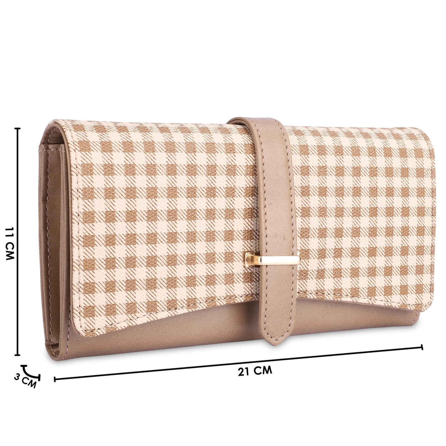 THE CLOWNFISH Dhanvi Collection PVC Checks Design Snap Flap Closure Womens Wallet Clutch Ladies Purse with Multiple Card Holders Light Brown