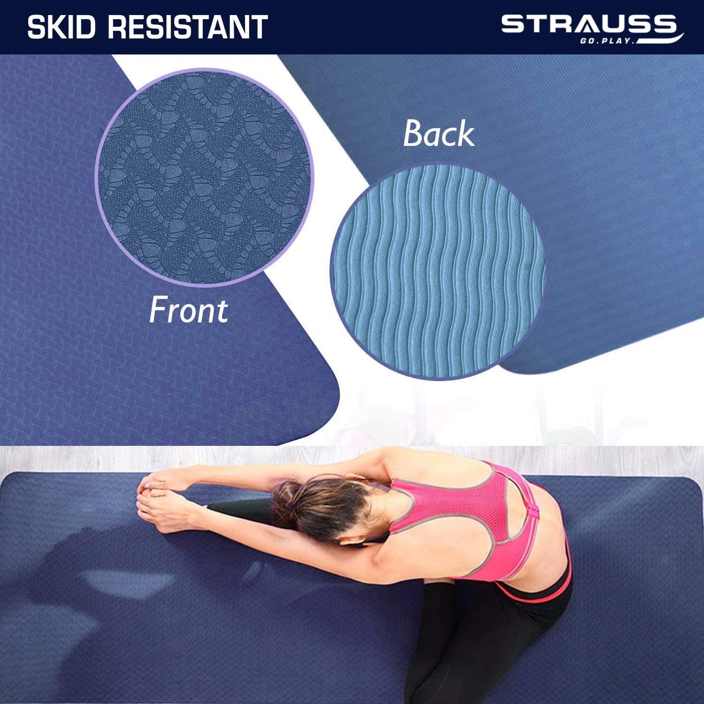 Strauss Yoga Mats for Women  Eco-Friendly mat for Men  Exercise mat for Home Workout Pilates Gym mat Anti Slip Fitness mat  Yoga Mat for Kids Cushioned Yoga mat with Carry Bag 6mm Blue