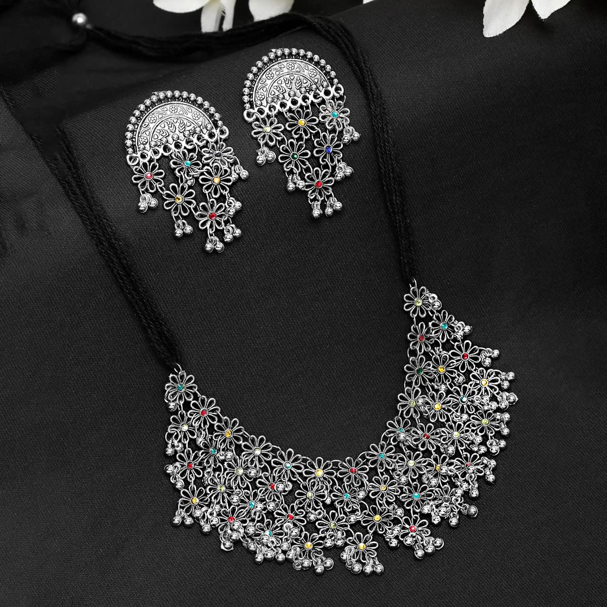 Yellow Chimes Jewellery Set for Women and Girls Traditional Silver Oxidised Jewellery Set  Silver Oxidized Stone Studded Necklace Set  Birthday Gift For Girls  Women Anniversary Gift for Wife
