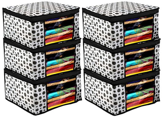 Kuber Industries Clothes Organizer Pack of 6 - Storage for Saree, Shirts, Lehenga - Polka Dots Black and White with Zip.