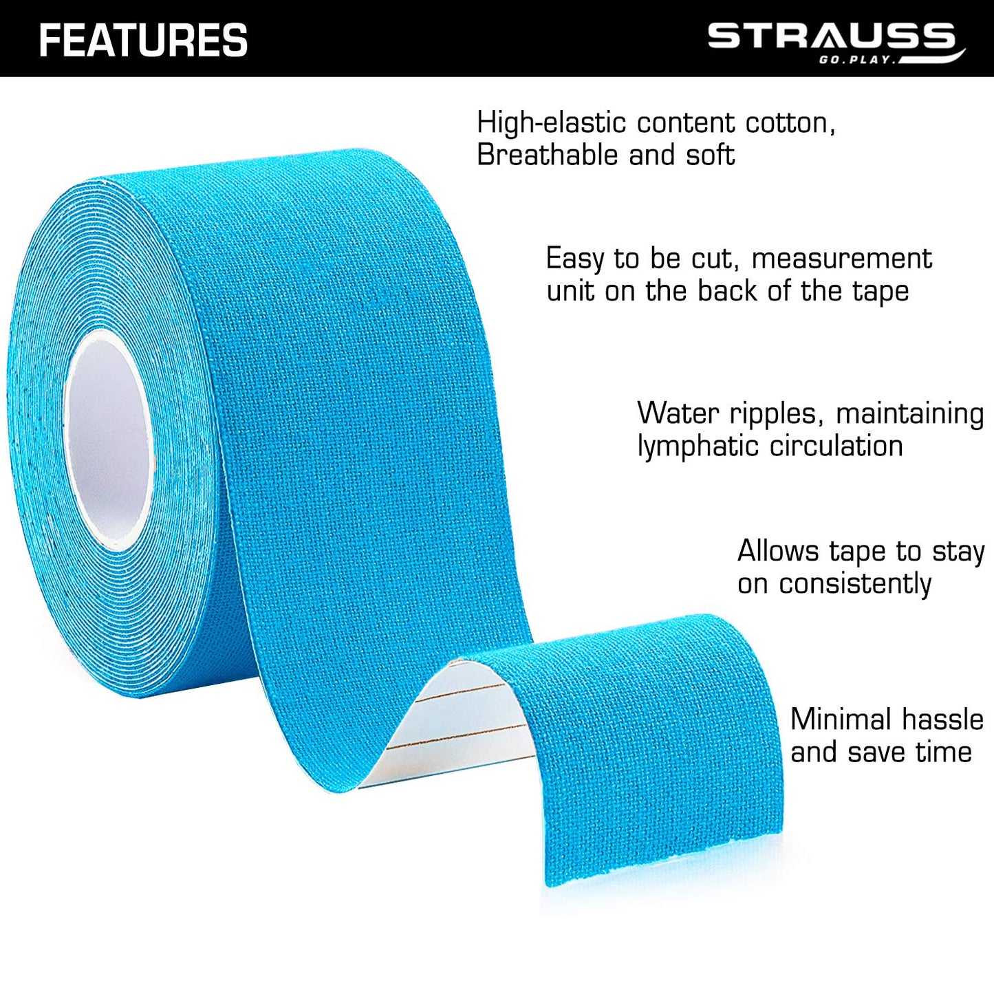 Strauss Kinesiology Sports Tape Knee Calf  Thigh Support Sky Blue