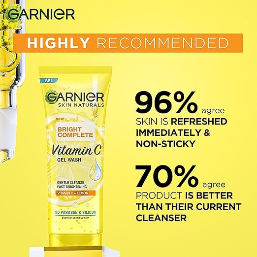 Pack of 2 Garnier Skin Naturals Bright Complete Vitamin C Face Wash Gel  Gentle Cleanser - Vitamin C Face Wash For Brighter and Glowing Skin  Reduces Dullness  Daily Cleanser For all Skin Types 100g