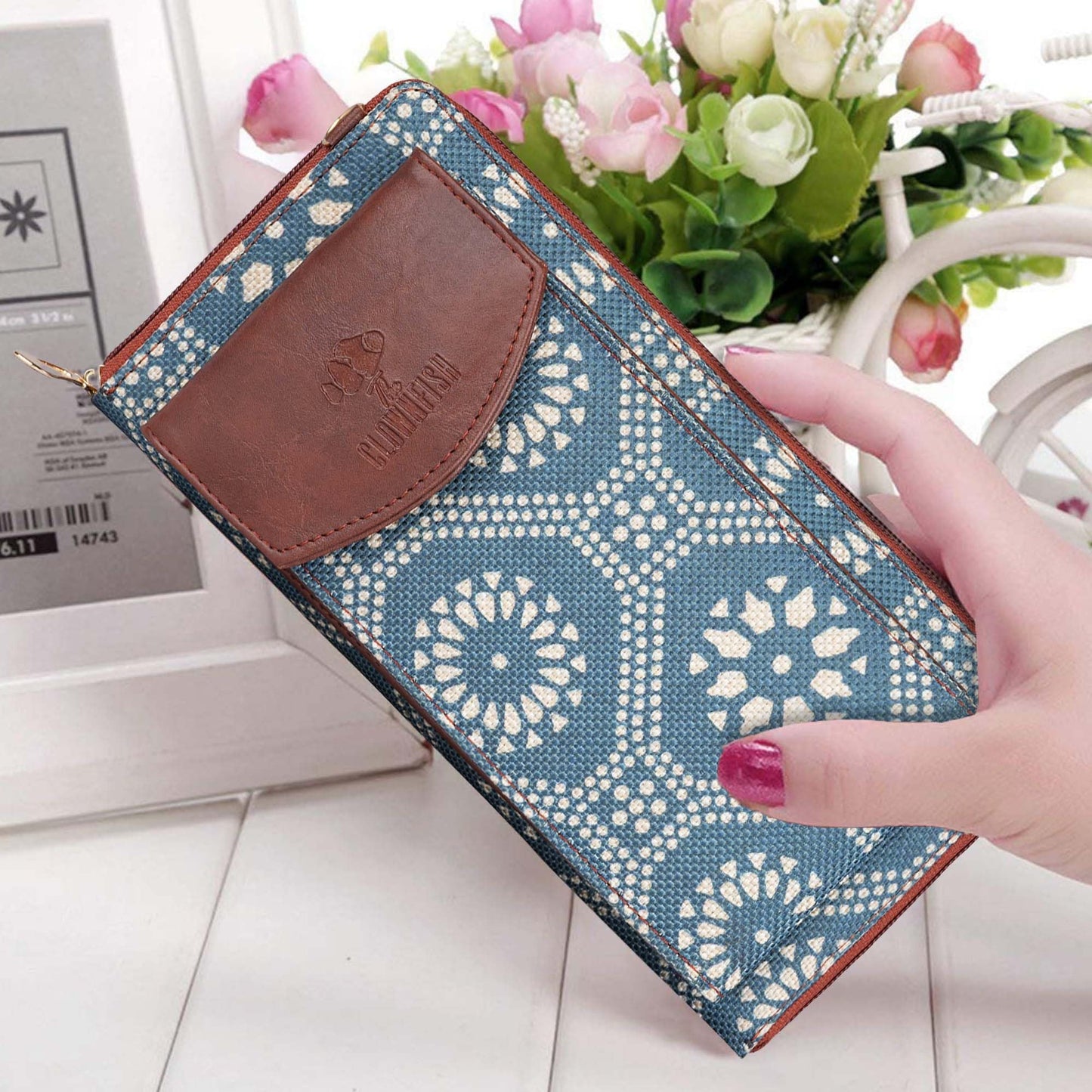 THE CLOWNFISH Fashionista Printed Handicraft Fabric  Vegan Leather Ladies Wallet Sling Bag with Front Mobile Pocket Cerulean Blue