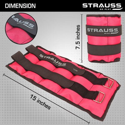 Strauss Adjustable Ankle/Wrist Weights 1.5KG x2 for Walking, Running, Jogging, Cycling, Gym, Strength Training. Easy to use. Pink.