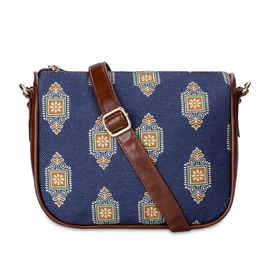 THE CLOWNFISH Garnet Series Printed Handicraft Fabric  Tapestry Crossbody Sling Bag for Women Ladies Single Shoulder Bag Shoulder Belt Dark Blue