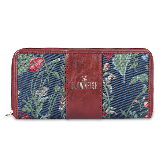 THE CLOWNFISH Aria Collection Tapestry Fabric  Faux Leather Zip Around Style Womens Wallet Clutch Ladies Purse with Card Holders Navy Blue- Floral