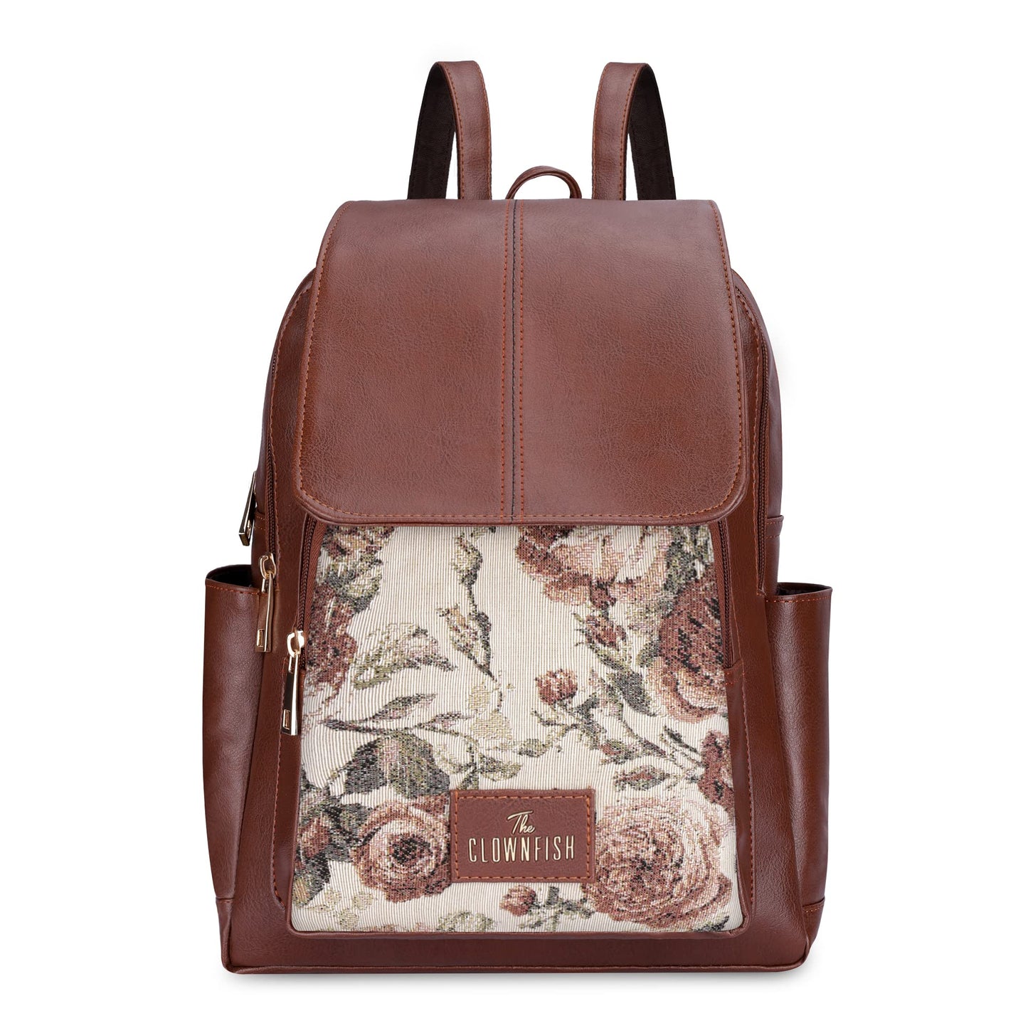 The Clownfish Medium Size Minerva Faux Leather  Tapestry WomenS Backpack College School Bag Casual Travel Backpack For Ladies Girls Brown- Floral