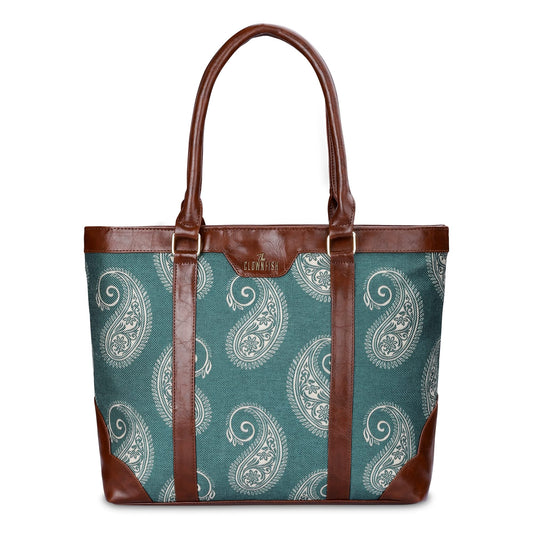 THE CLOWNFISH Miranda Series 15.6 inch Laptop Bag For Women Printed Handicraft Fabric  Faux Leather Office Bag Briefcase Hand Messenger bag Tote Shoulder Bag Fern Green