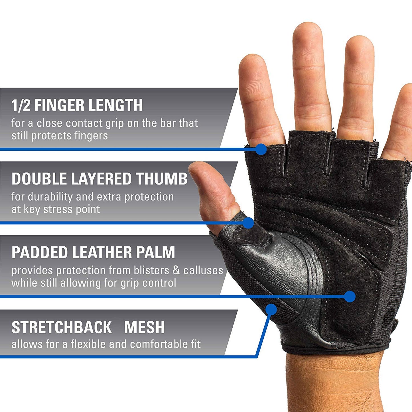 STRAUSS Stretch-Back Gym Gloves with Leather Palm Medium