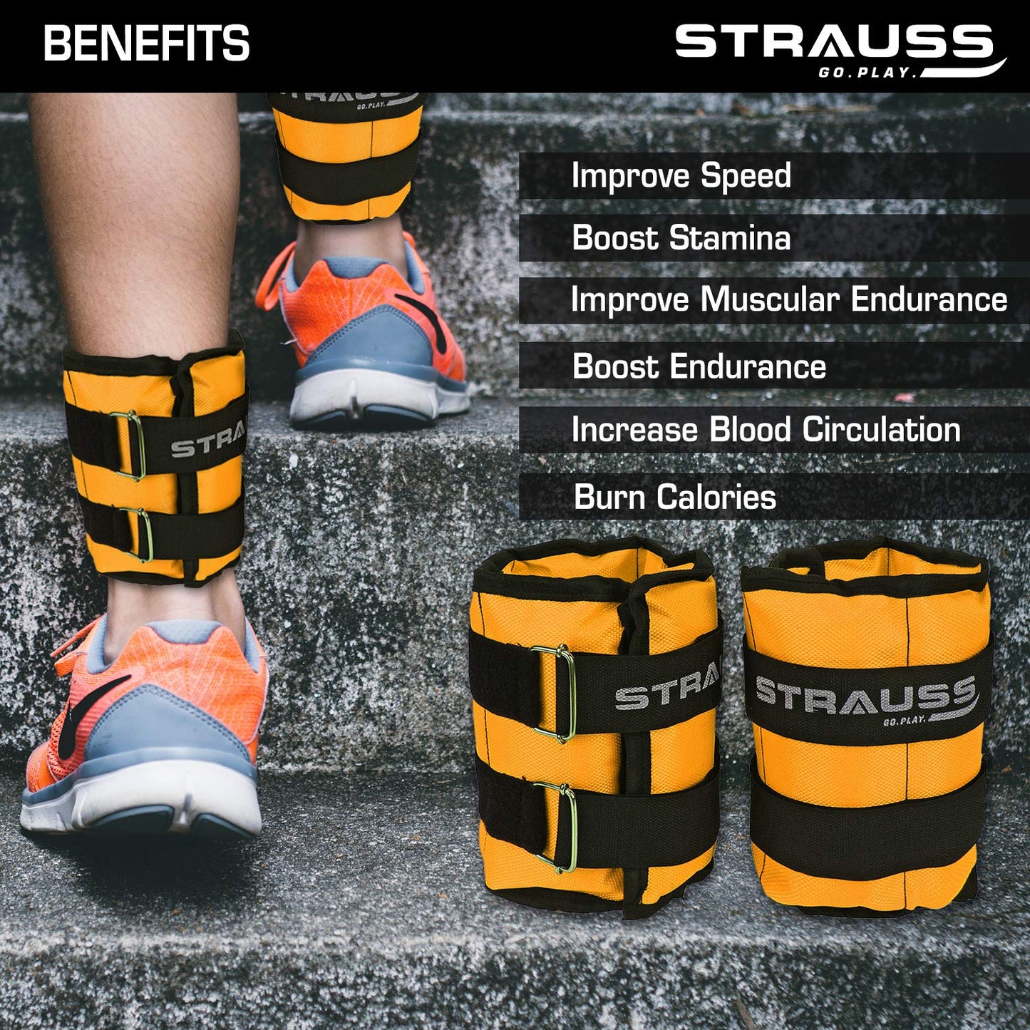 Strauss Adjustable Ankle/Wrist Weights 2KG each, ideal for walking, running, jogging, cycling, gym workout, strength training. Easy to use. Yellow.