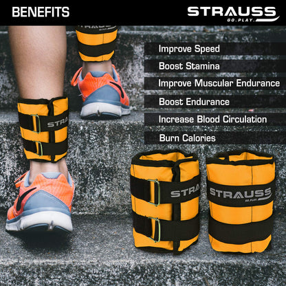 Strauss Adjustable Ankle/Wrist Weights 2KG each, ideal for walking, running, jogging, cycling, gym workout, strength training. Easy to use. Yellow.