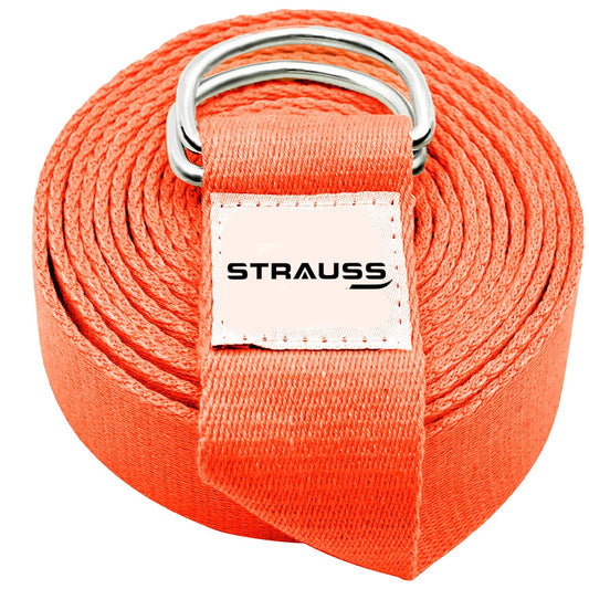 Strauss Yoga Strap, 8ft, Orange. Ideal for Yoga, Pilates, Therapy, Dance, Gymnastics. Thicker belt, adjustable metal D-ring buckle, eco-friendly.