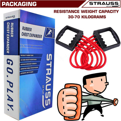 Strauss Adjustable Rubber Chest Expander for Yoga, Gym, Home Workout. 5 Latex Tubes, Adjustable Intensity, Lightweight, Durable, Non-Slip Handle.