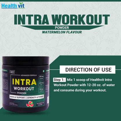 Healthvit Fitness Intra Workout Powder: L-Citrulline Malate 750mg, BCAAs 4.59mg, Tyrosine 75mg, L-Leucine 1.5g, L-Isoleucine 1.5g, 300gm.