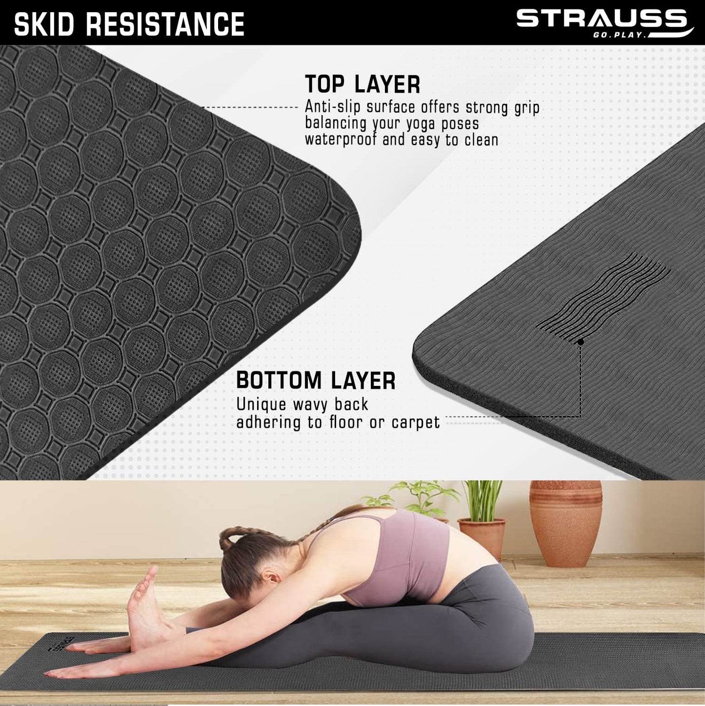 Strauss Anti Skid TPE Yoga Mat with Carry Strap 6mm Black