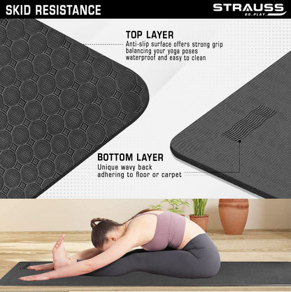 STRAUSS TPE Dual Layer Yoga Mat, 4MM, Lightweight, Eco-Friendly, Ideal for Home Gym, Includes Carry Strap, Black.