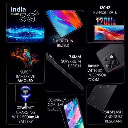 Redmi Note 13 5G Stealth Black 6GB RAM 128GB Storage  5G Ready  120Hz Bezel-less AMOLED  7.mm Slimmest Note Ever  108MP Pro-grade Camera