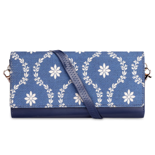 The Clownfish Jolene Printed Handicraft Fabric  Vegan Leather Ladies Wallet Purse Sling Bag with Multiple Card Slots Royal Blue