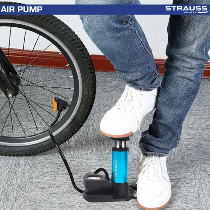 Strauss Portable High Pressure Foot Air Pump for Car/Bike/Bicycle/Football/Scooter, Fits Presta & Schrader, Blue, with Needle & Pressure Gauge.