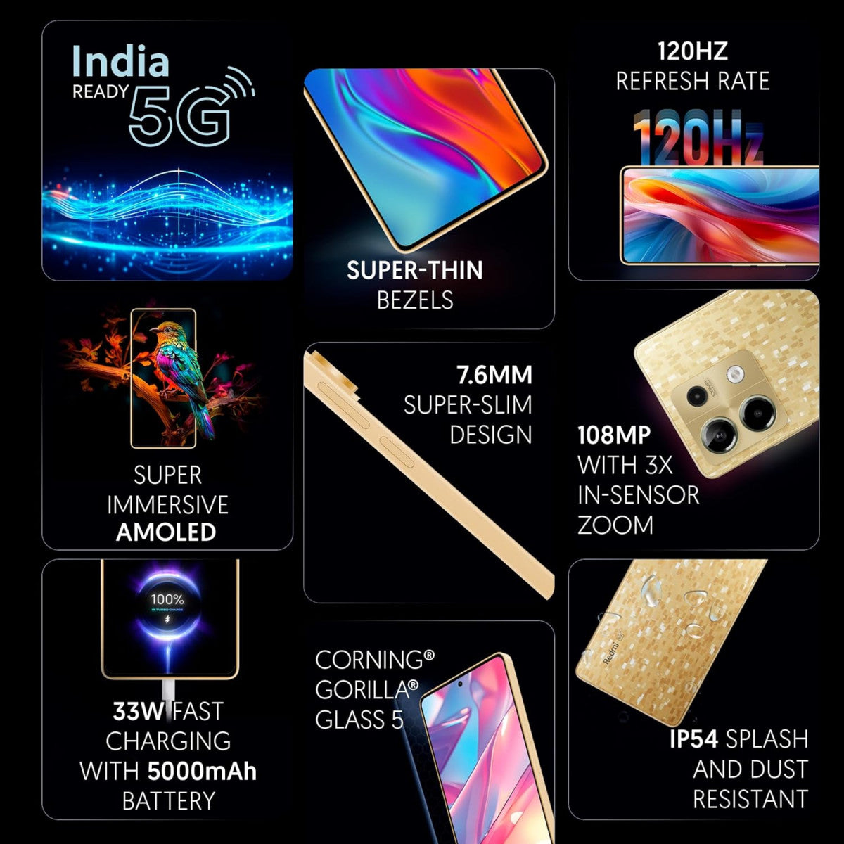 Redmi Note 13 5G Prism Gold 6GB RAM 128GB Storage  5G Ready  120Hz Bezel-less AMOLED  7.mm Slimmest Note Ever  108MP Pro-grade Camera