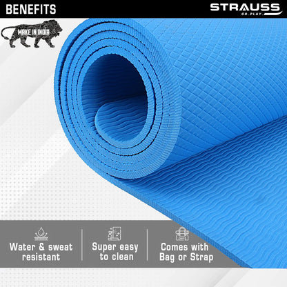 STRAUSS EVA Yoga Mat with Carry Bag, Non-Slip, Eco-Friendly, Lightweight, Durable, Ideal for Yoga, Pilates, Fitness, Men & Women, 4mm, Sky Blue